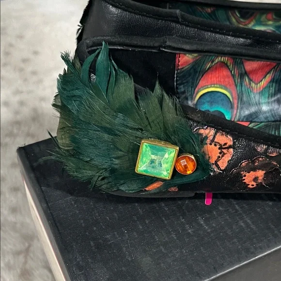 Iron Fist Black Multi Floral Skull Ballet Flats with Green Feather Accent - Picture 7 of 9